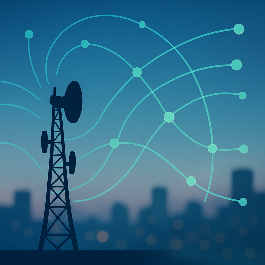 Telecommunications network infrastructure illustrating business connectivity, data flow, and network reliability